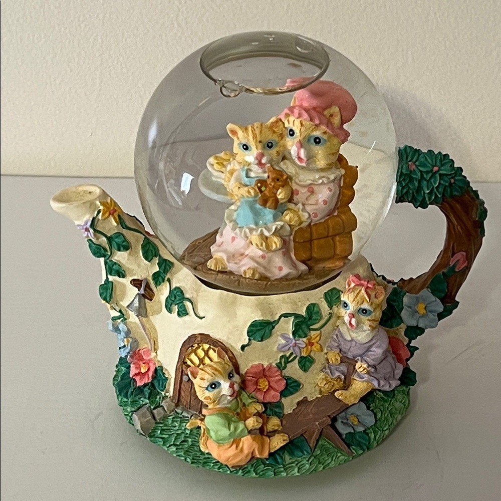 Vintage Whimsical Musical Cat Teapot with Snow Globe Shaped like a Teapot House